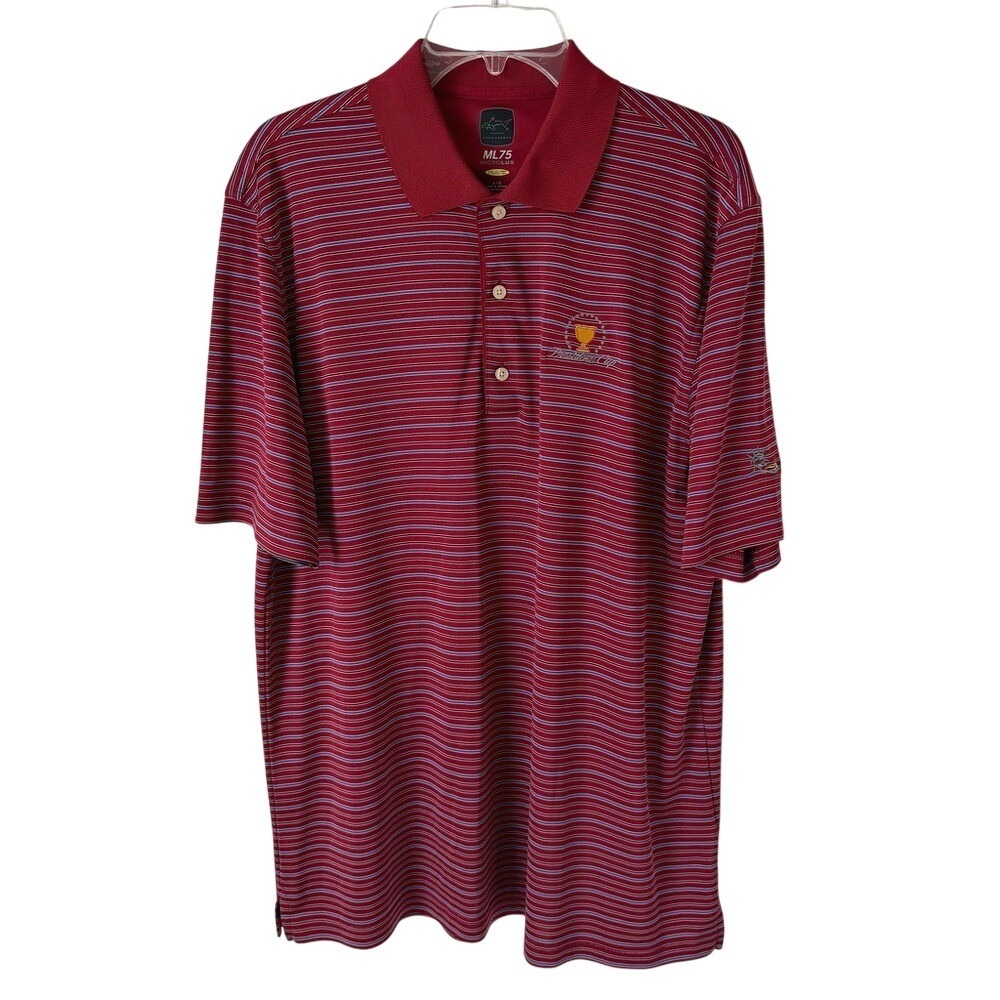 Greg Norman MicroLux Play Dry Mens‎ Golf Polo Shirt Red Blue Presidents Cup Lg